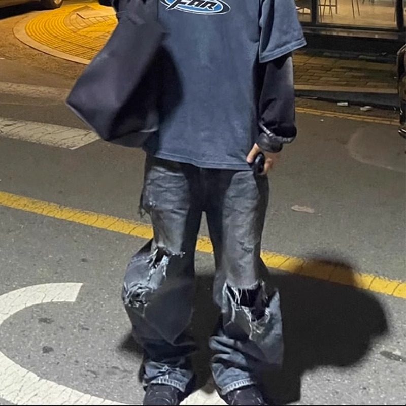 美式复古24SS蓝色糜烂泥染刀割破坏baggy男女牛仔裤 wookvibe同款