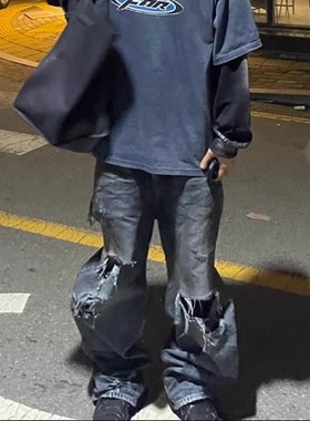 美式复古24SS蓝色糜烂泥染刀割破坏baggy男女牛仔裤 wookvibe同款