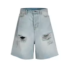 Paris Style High Street Fashion Brand Light Blue Washed Denim Shorts for Men and Women Loose Design Ripped Wide Leg Five-Quarter Pants