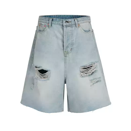 Paris Style High Street Fashion Brand Light Blue Washed Denim Shorts for Men and Women Loose Design Ripped Wide Leg Five-Quarter Pants