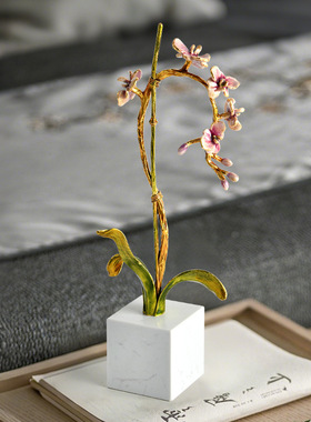 轻奢中式合金创意珐琅彩兰花摆件新房装饰样板间客厅别墅酒店软装