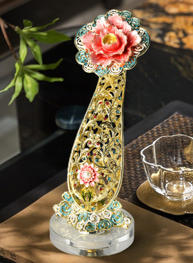 轻奢吉祥如意玉如意珐琅彩摆件礼盒牡丹花装客厅书房居家创意祥瑞