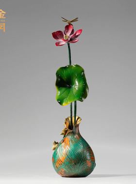 铜艺坊和和美美荷花创意黄铜摆件新中式电视柜玄关铜工艺品装饰品