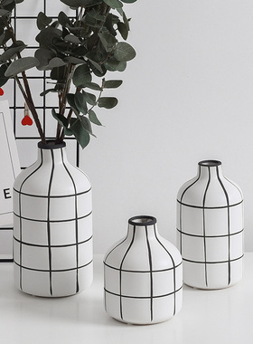 现代简约陶瓷花瓶INS小口黑白纹家居饰品摆件北欧风格插花花器