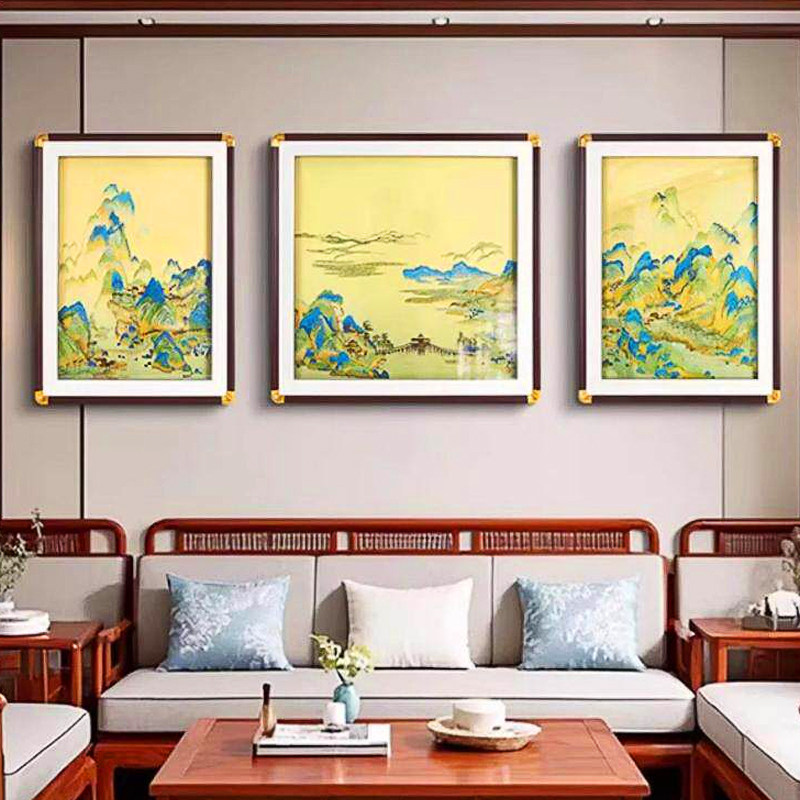 苏绣刺绣高端千里江山图挂画客厅沙发背景墙装饰画三联画山水壁画