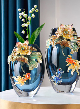 鱼戏莲叶琉璃花瓶高端工艺品摆件客厅酒柜玄关柜装饰品高档摆件