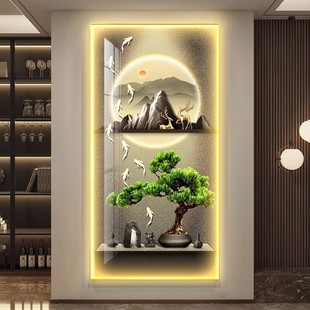 流水生财玄关灯画新中式入户感玄幻客厅走廊过道背景墙壁画