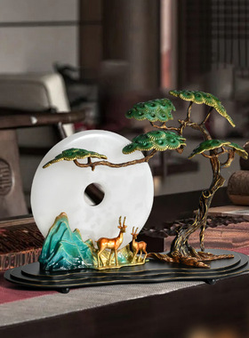 新中式迎客松鹿摆件玉石平安扣禅意家居客厅书柜博古架办公室软装