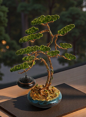 新中式珐琅彩松树香炉迎客松摆件 檀香塔香高档家居玄关装饰品