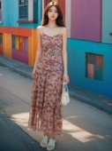 ASA莫奈花园碎花印花长裙沙滩裙子法式 收腰A字修身 气质吊带连衣裙