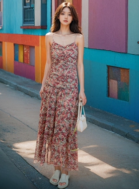ASA莫奈花园碎花印花长裙沙滩裙子法式收腰A字修身气质吊带连衣裙
