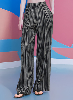 日本进口 波浪长裤 百搭不规则条纹弹力凉感免烫棉遮肉宽腰休闲裤