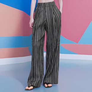 百搭不规则条纹弹力凉感免烫棉遮肉宽腰休闲裤 日本进口 波浪长裤