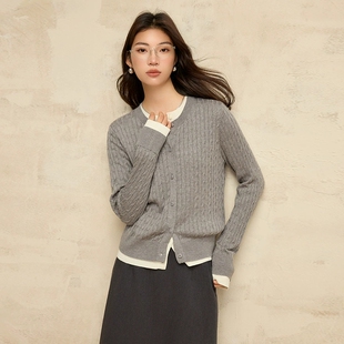 外套 绞花针织开衫 ASA高级感假两件撞色羊毛毛衣女上衣25新款 女装