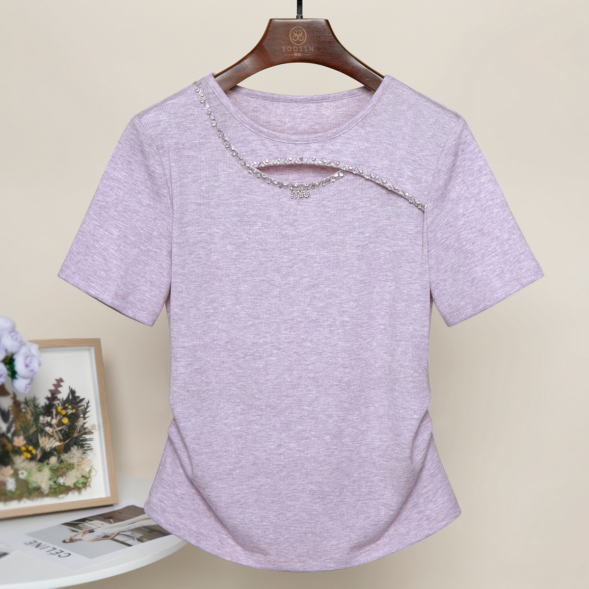 重工镶钻镂空紫色t恤女夏季2024新款欧洲站爆款大码洋气短袖上衣