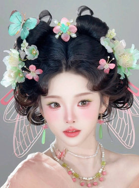 大无汉风【蜻翎】原创古风仙气粉绿烫花小蜻蜓唐风汉服发饰全套