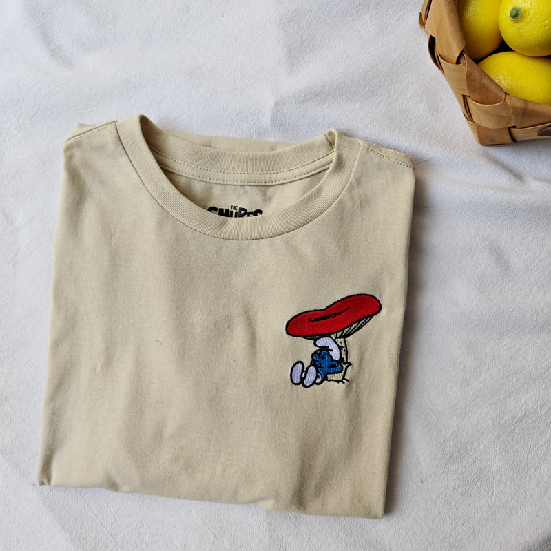 清仓满3件包邮 b128精致刺绣蓝精灵宽松夏季圆领短袖t恤 0.14kg