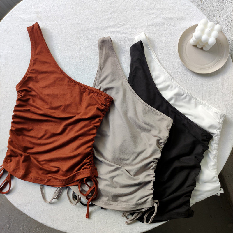 外贸侧边褶皱抽绳小心机单肩露肩贴身背心 k535满两件包邮0.1kg