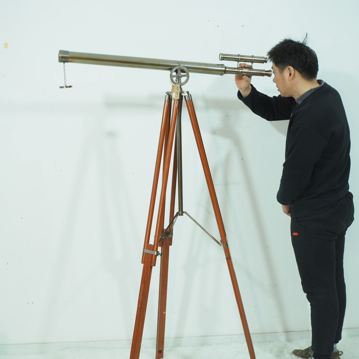 欧式复古仿古印度三脚架黄铜单筒望远镜文旅软装怀旧摆件15倍放大