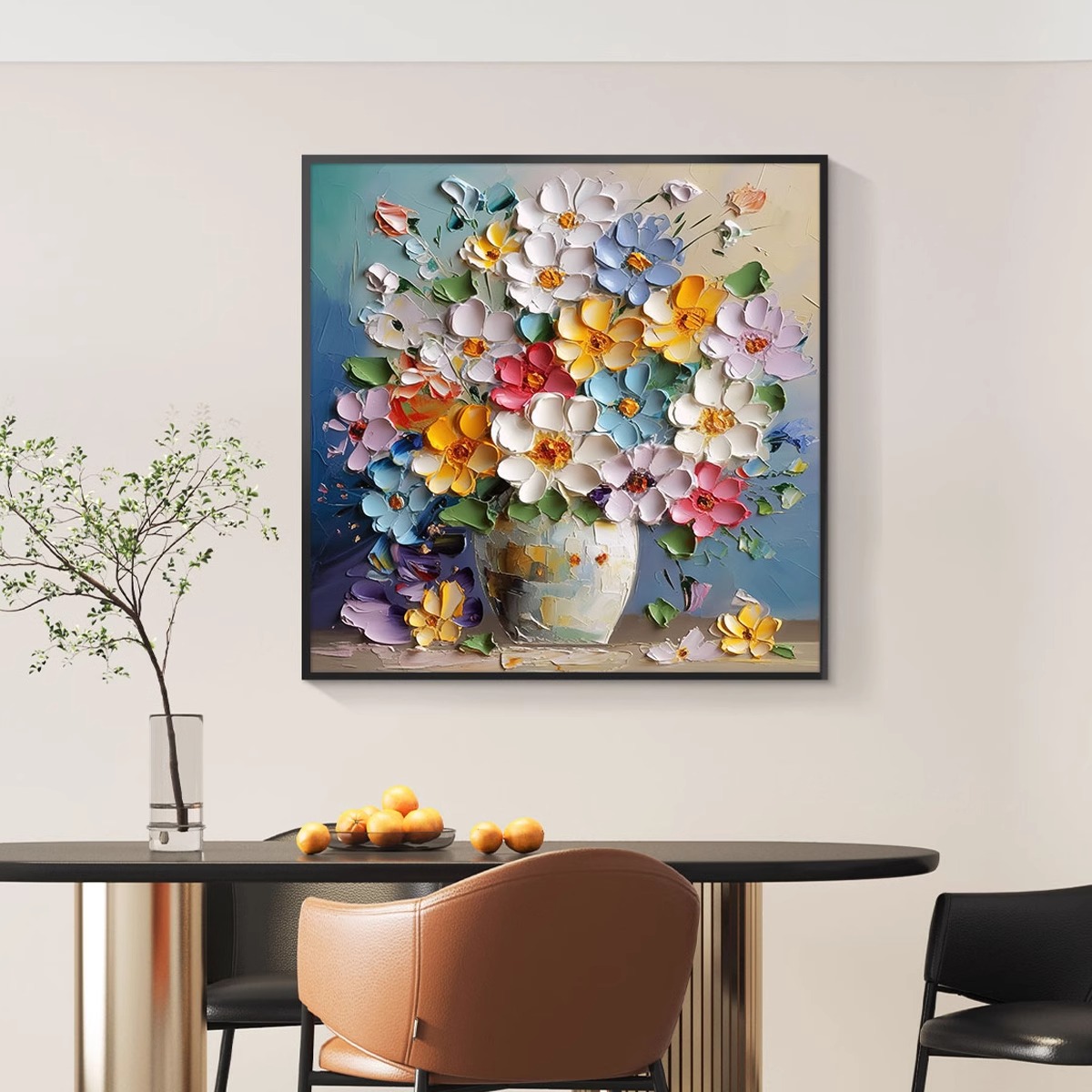 大芬村油画餐厅装饰画轻奢花卉饭厅餐桌背景墙挂画高级感艺术壁画图片