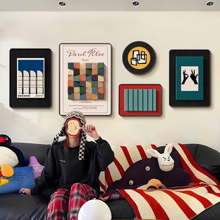 多巴胺包豪斯客厅装饰画中古风彩色沙发挂画意式极简抽象组合壁画