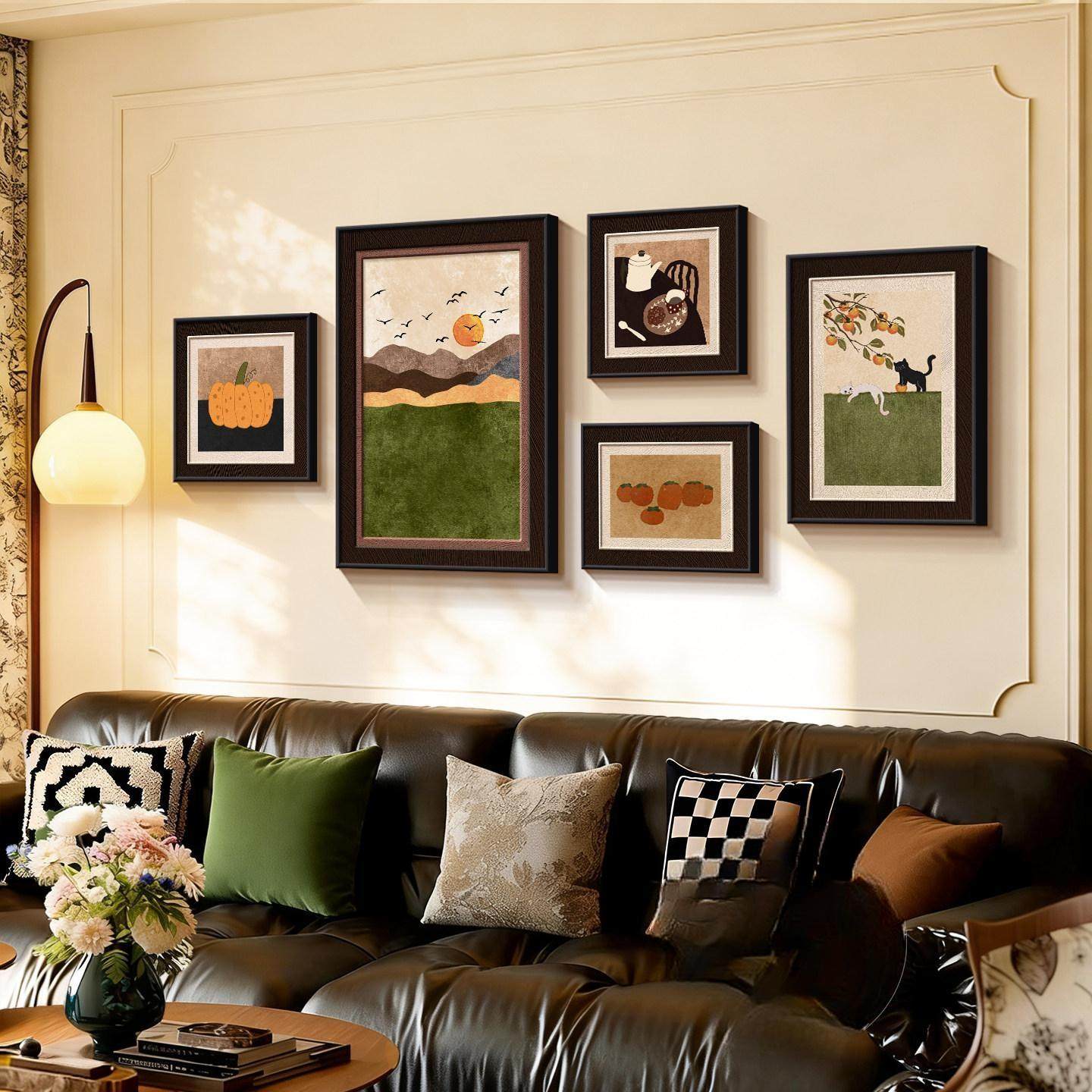 中古风背有靠山客厅装饰画柿柿如意沙发背景墙挂画法式复古组合画