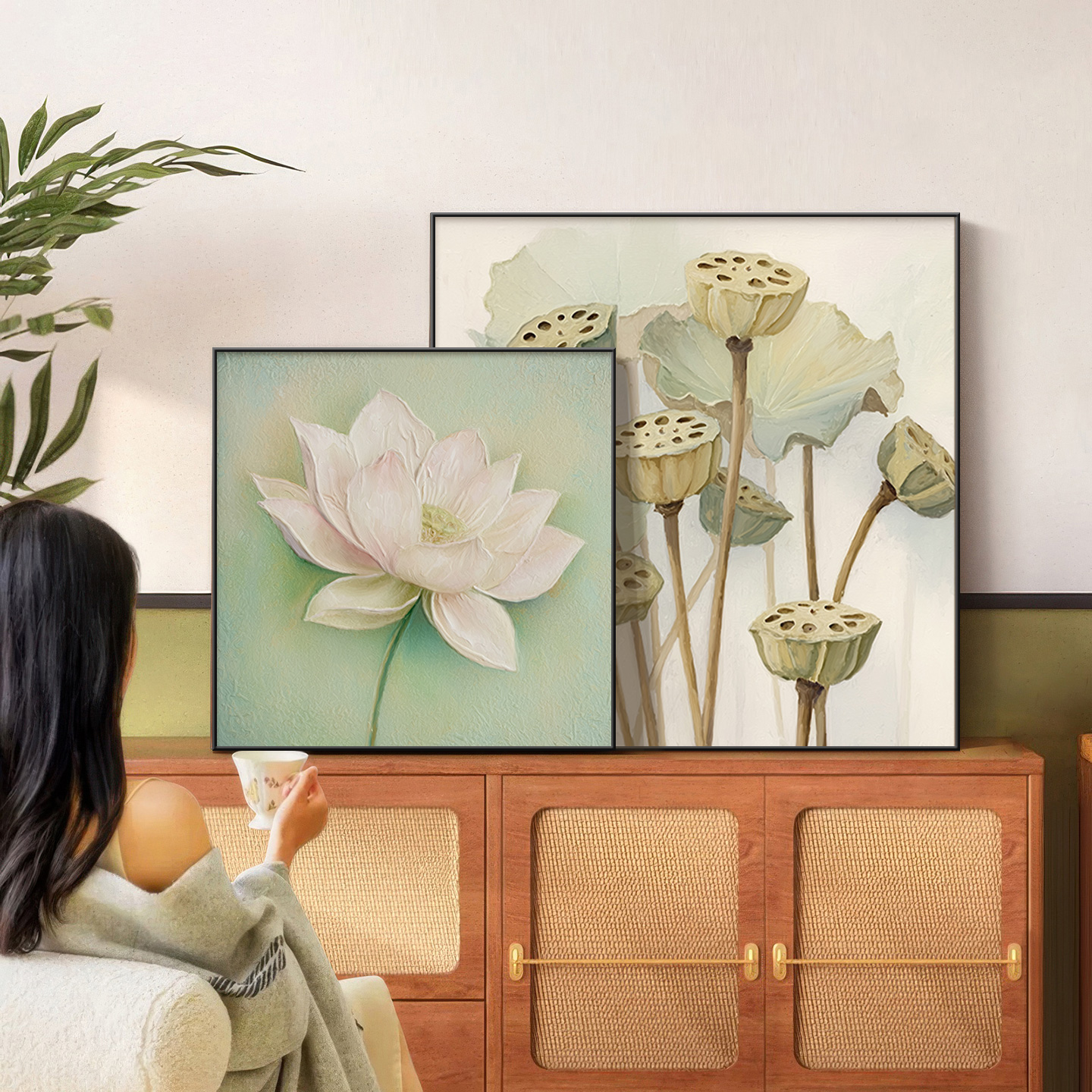 新中式荷花图客厅装饰画法式复古斗柜摆画玄关挂画高级感餐厅壁画图片