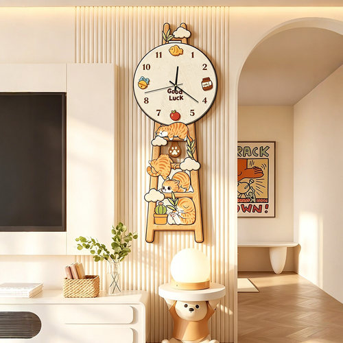 奶油风猫咪钟表装饰画客厅挂钟画