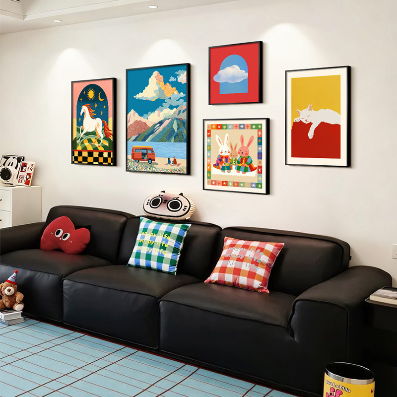 多巴胺彩色客厅装饰画奶油风沙发背景墙挂画ins风动物组合墙壁画,家居饰品,现代装饰画,淘宝优惠券,粉丝福利购,淘宝优惠卷