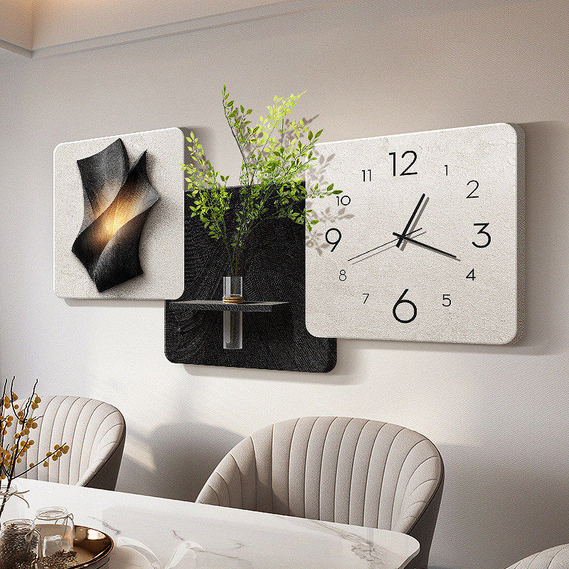 抽象水培绿植餐厅装饰画现代简约客厅饭桌带钟表挂墙高级感墙壁钟
