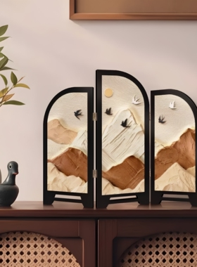 中古风背有靠山小屏风桌面摆件画