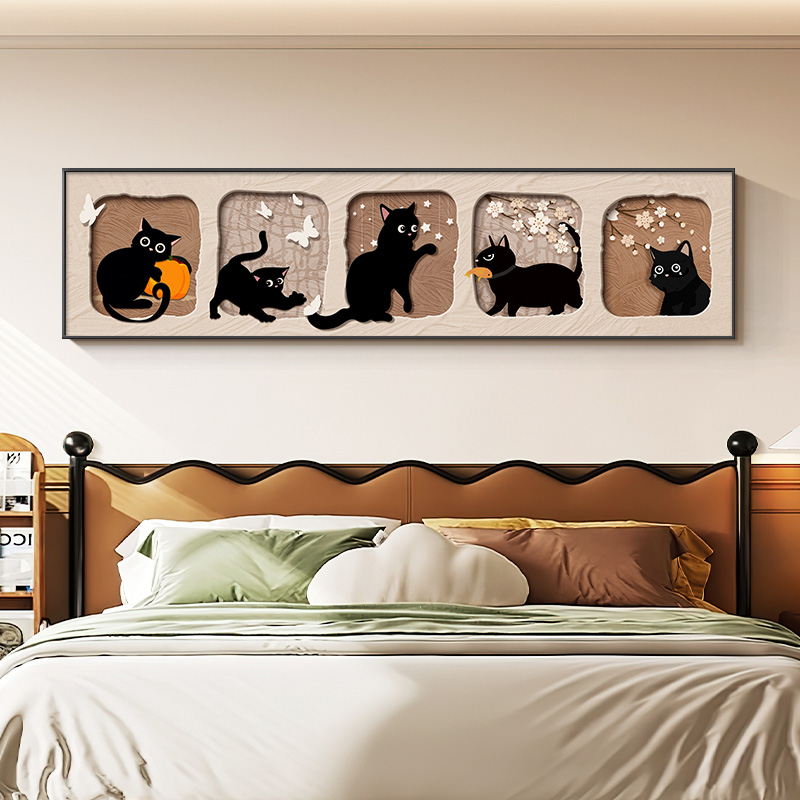 中古风猫咪卧室床头装饰画高级感房间主卧挂画卡通复古儿童房壁画图片