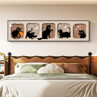 中古风猫咪卧室床头装饰画高级感房间主卧挂画卡通复古儿童房壁画