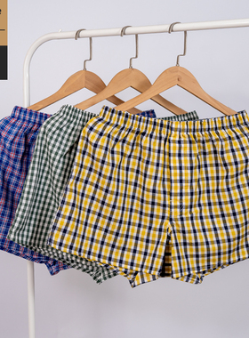 酷宝先生阿罗裤男士纯棉内裤宽松透气格子青年平角裤加裆家居短裤