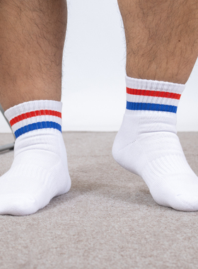 酷宝先生男士加厚毛巾底中筒袜运动吸汗个性两道杠复古休闲白袜子