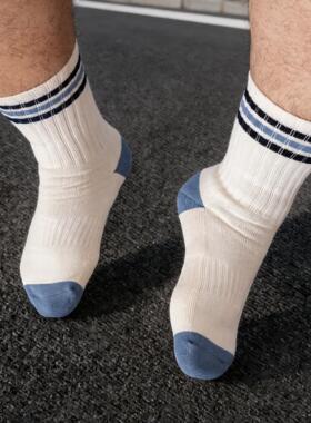 酷宝先生男士运动条纹cityboy中筒袜毛巾底纯棉透气长袜白色袜子