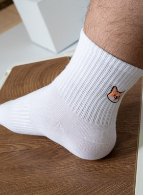 酷宝先生春季运动棉袜刺绣小狗可爱二哈柯基吸汗个性时尚中筒袜子