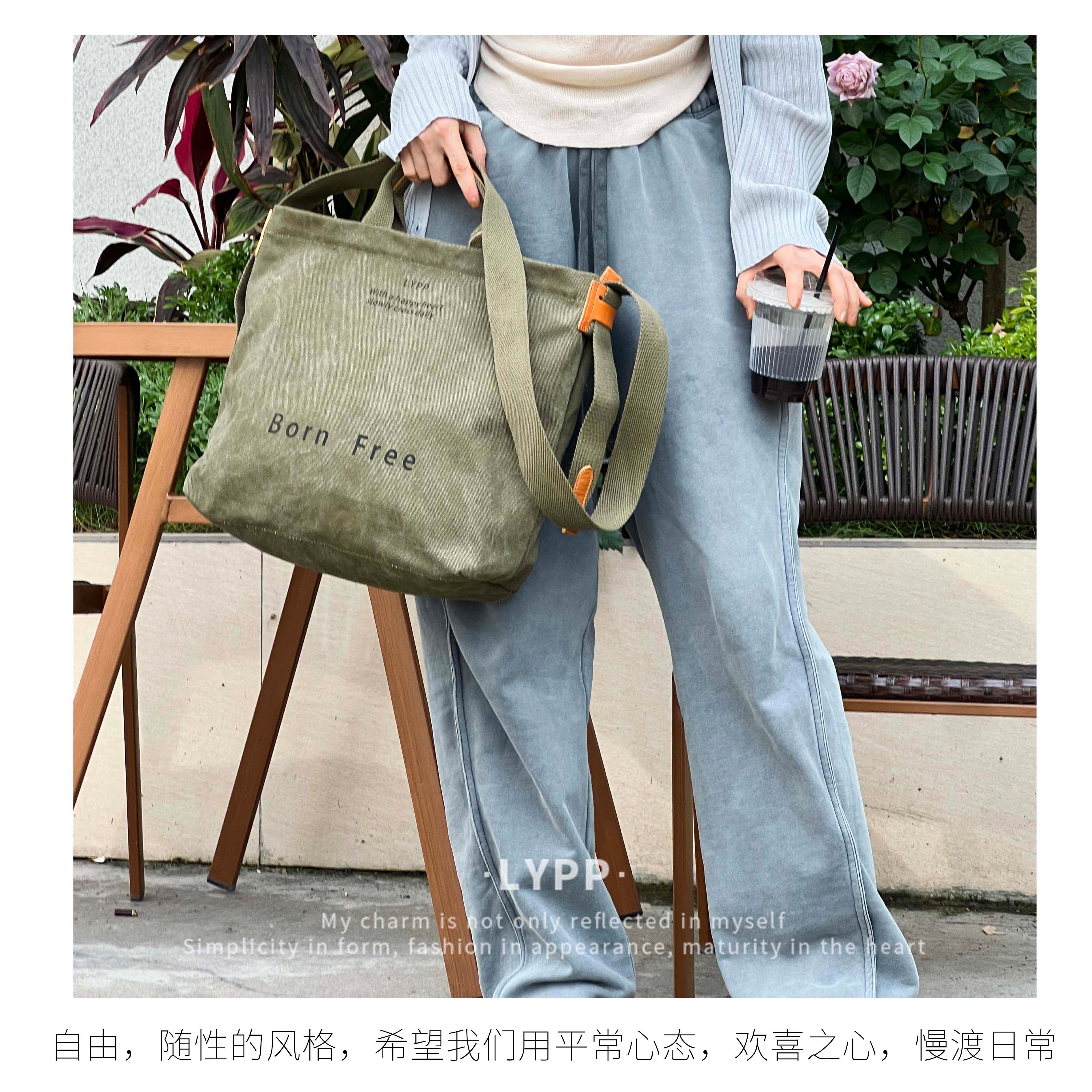 老友皮皮帆布斜挎包美式复古男大容量高级感轻便女士帆布手提包