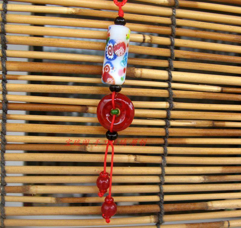 yc11宝琉阁手工白底压花印花琉璃珠勒子项链绳毛衣链 2.6*1.2cm