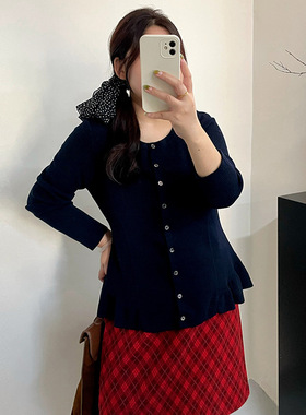 大码女装气质荷叶边圆领毛衣女套头衫2025冬胖mm显瘦针织衫23760