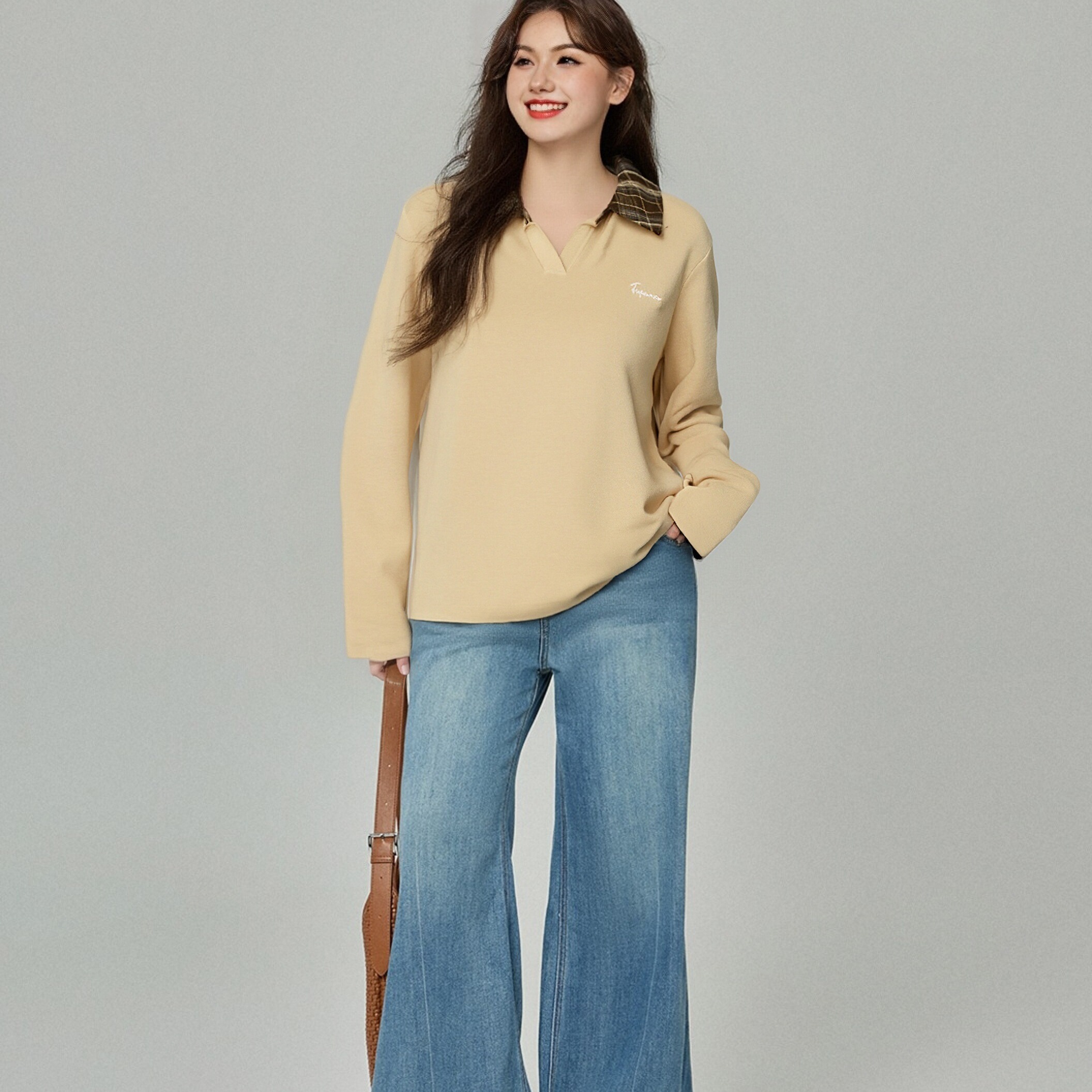 大码女装撞色格子polo领上衣秋2025新款胖mm气质休闲学院风针织衫