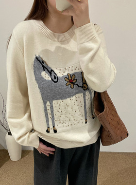 大码女装圆领提花针织衫宽松慵懒感毛衣2025冬胖mm休闲上衣23690