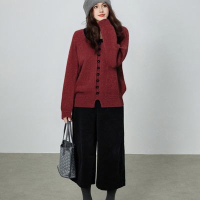 【清仓】撞色套头衫女上衣2024冬新款胖mm宽松气质红色毛衣针织衫