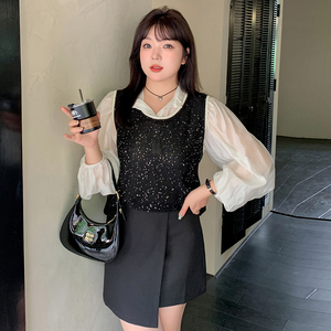 大码女装圆领设计感珠片上衣女外穿内搭无袖针织衫2024秋胖mm背心