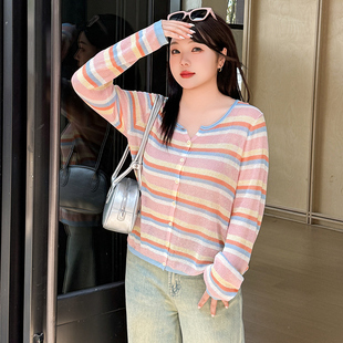 女装 女显瘦长袖 大码 圆领彩色条纹衫 上衣开衫 2025夏胖mm宽松针织衫