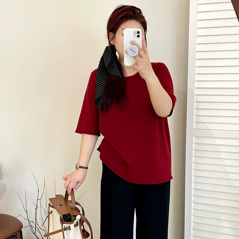 大码女装圆领宽松短袖上衣女t恤秋季2025新款胖mm百搭休闲针织衫