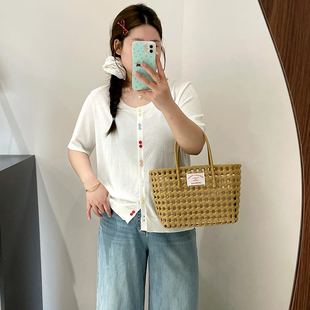 t恤 大码 女装 圆领设计感彩扣上衣女针织衫 2025夏胖mm百搭宽松短袖