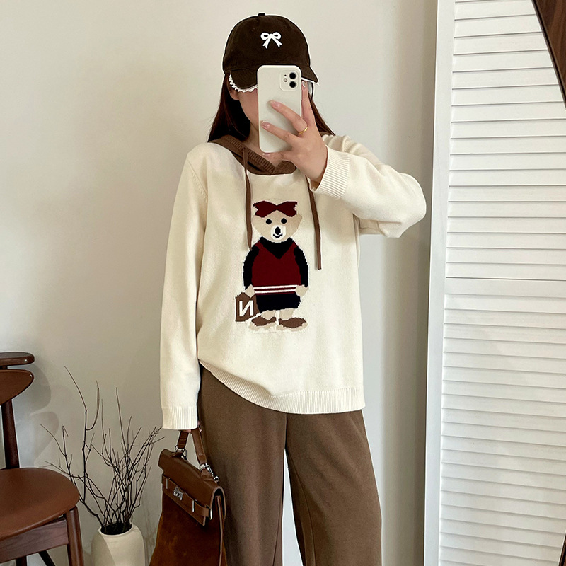 大码女装连帽卫衣女提花小熊毛衣