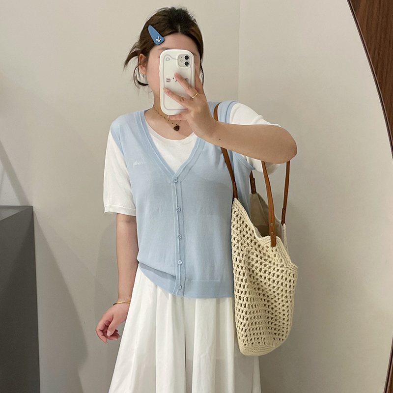 大码女装撞色假两件上衣女学院风针织衫2025夏款胖mm宽松短袖t恤