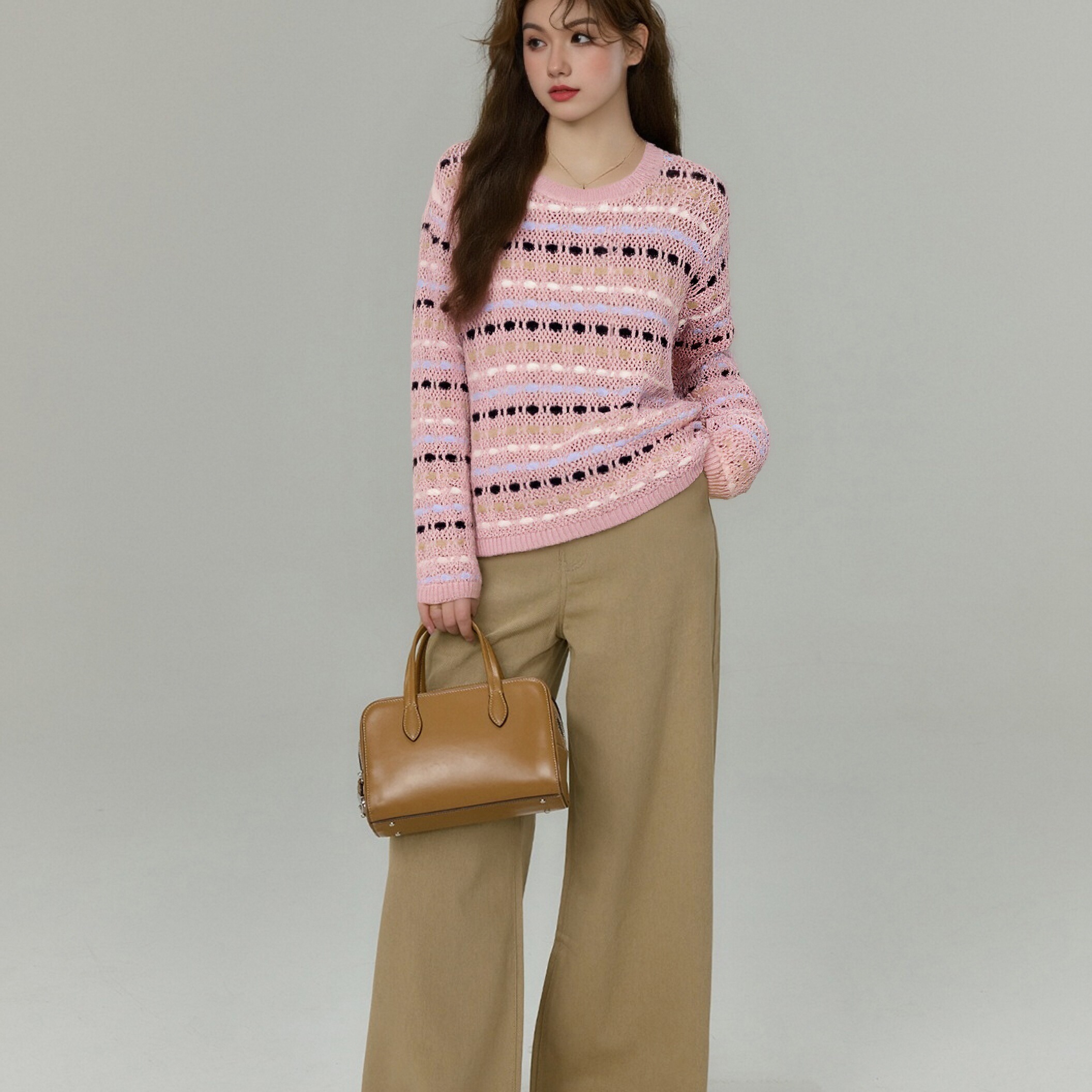 大码外搭圆领镂空上衣女宽松慵懒感毛衣2025秋季新款胖mm针织衫